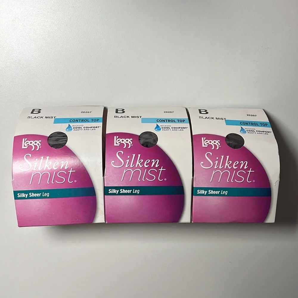 3 Pair L'eggs Silken Mist Sheer Control Top Pantyhose Black Mist Jet Black A B - Picture 1 of 2